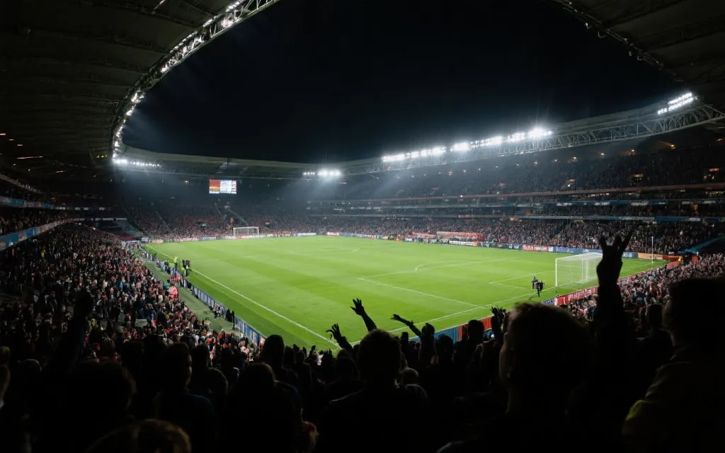 世界杯决赛球场内看台与灯光，球迷挥舞旗帜的氛围感画面